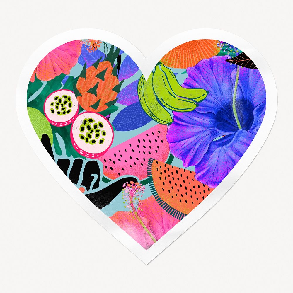 Exotic tropical pattern heart badge, fruits and flowers isolated image