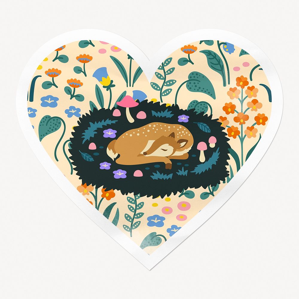 Sleeping deer heart badge, animal cartoon illustration