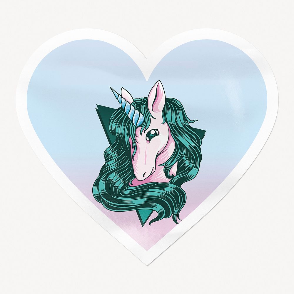 Unicorn heart badge, mythical creature isolated image