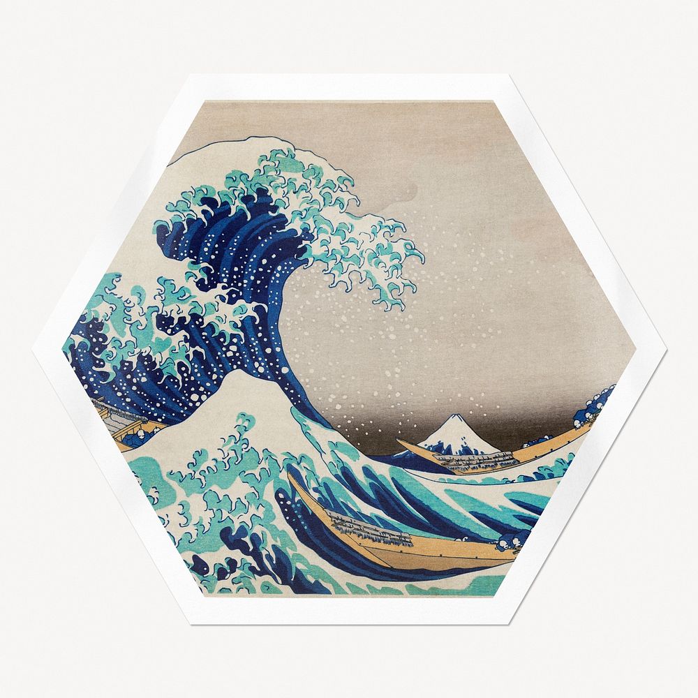 The Great Wave off Kanagawa hexagon badge, famous painting remixed by rawpixel