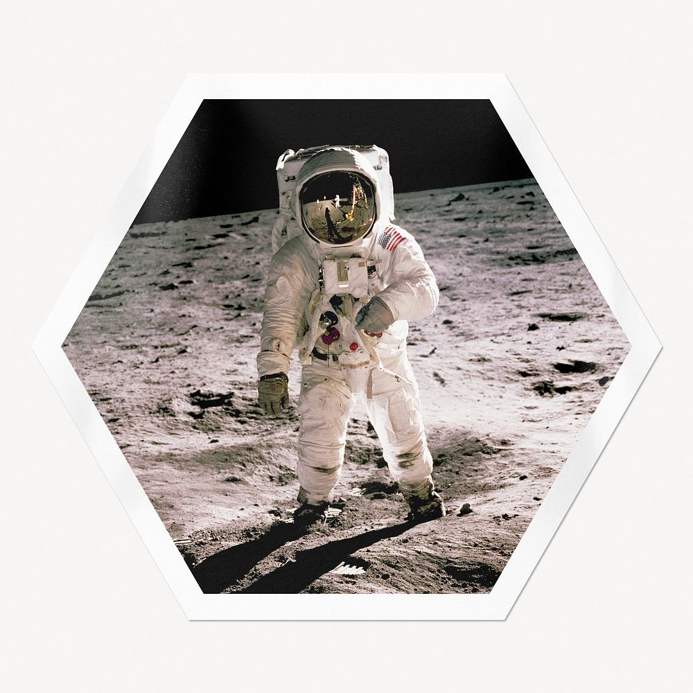 Walking astronaut hexagon badge, space isolated image