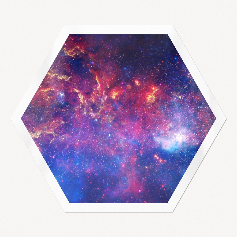 Nebula galaxy hexagon badge, space aesthetic isolated image