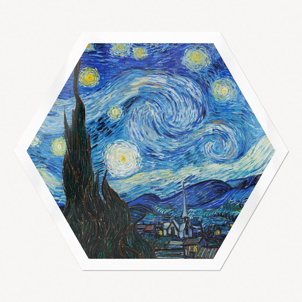 The Starry Night hexagon badge, famous painting remixed by rawpixel