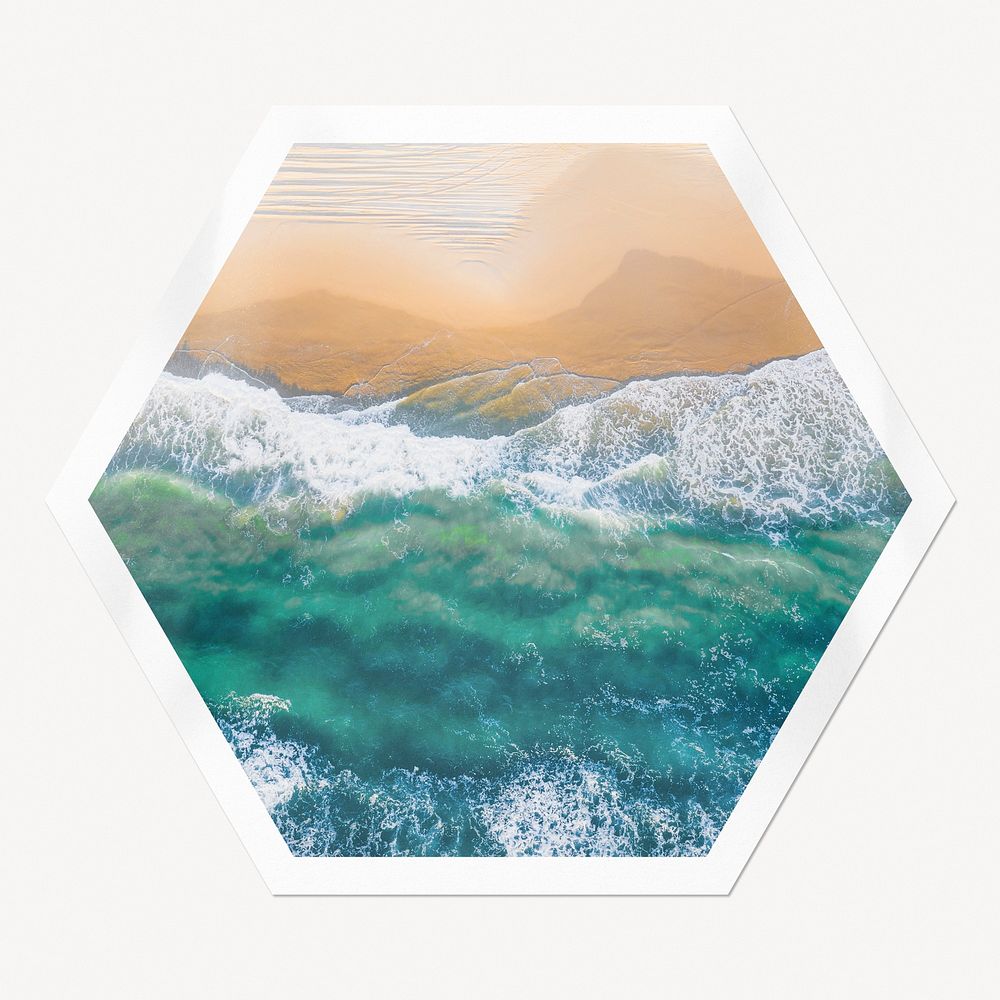 Beach wave hexagon badge, Summer aesthetic isolated image