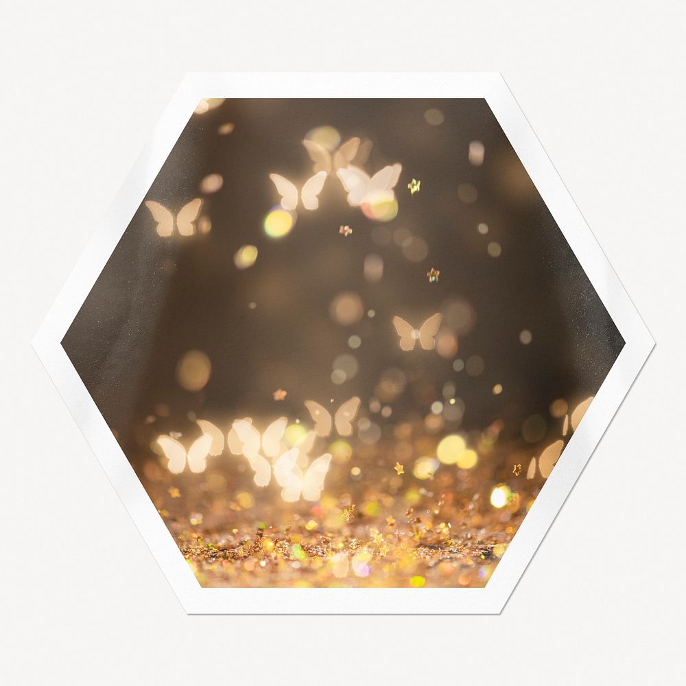 Butterfly bokeh hexagon badge, aesthetic lights isolated image