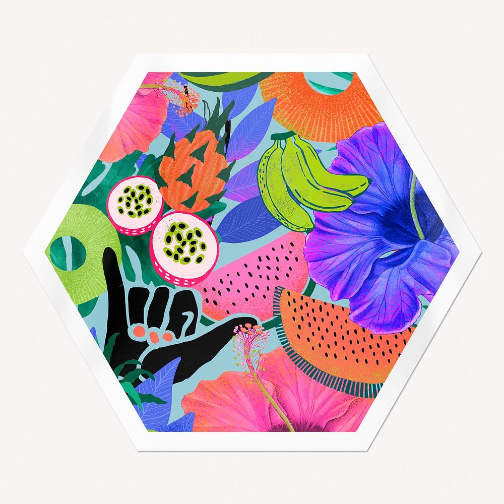 Exotic tropical pattern hexagon badge, fruits and flowers isolated image