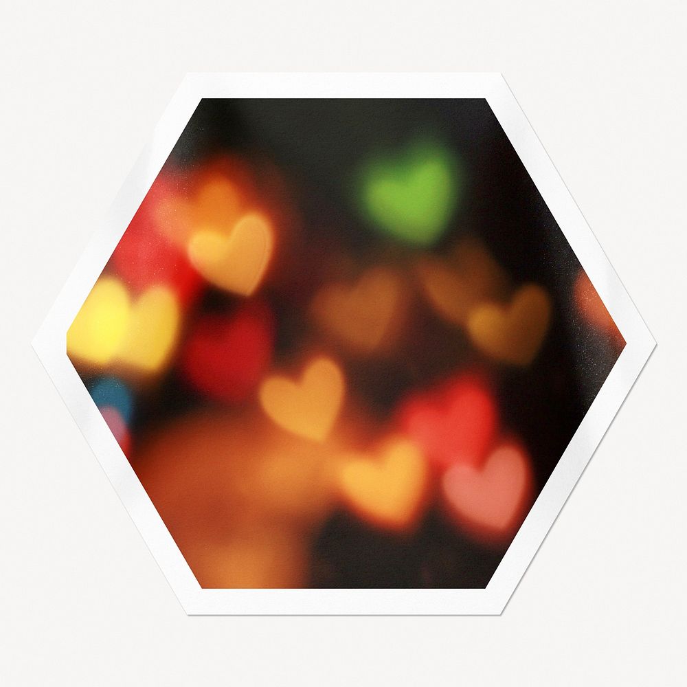 Heart bokeh hexagon badge, festive lights isolated image