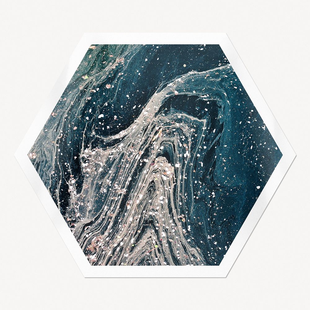 Blue marble aesthetic hexagon badge, fluid art image