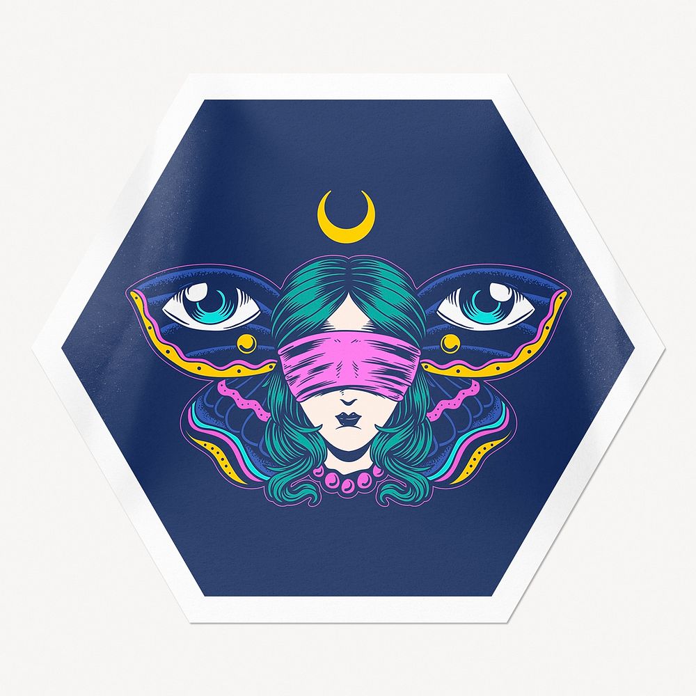 Blindfolded woman hexagon badge, butterfly conceptual illustration