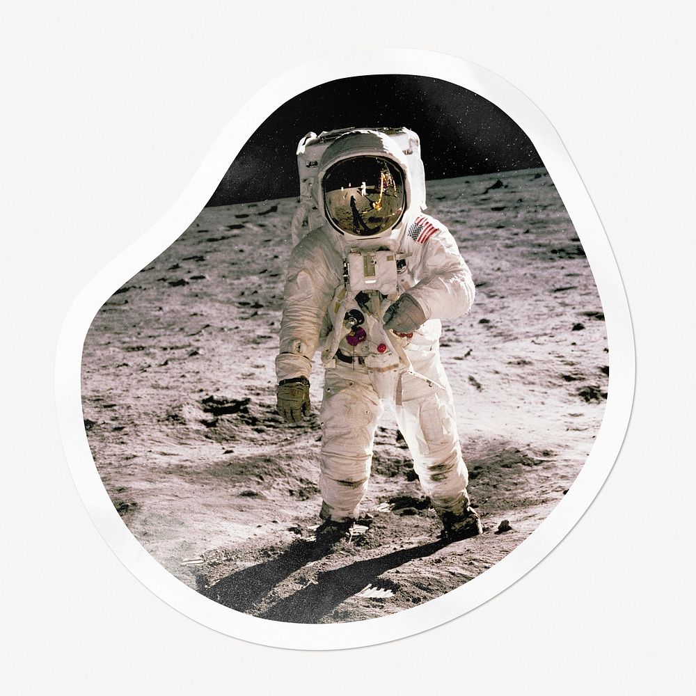 Walking astronaut badge, abstract shape isolated image