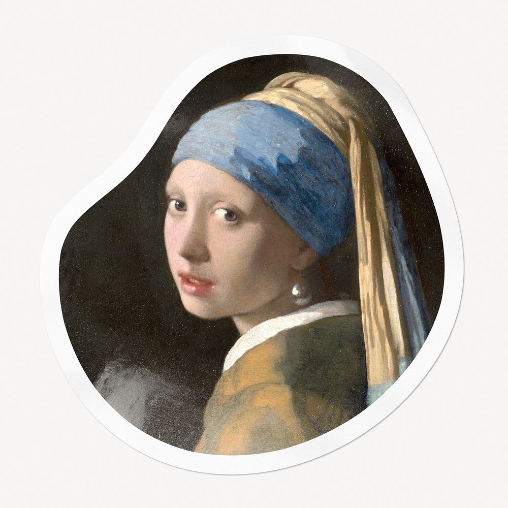 Girl with Pearl Earring badge, famous painting on abstract shape, remixed by rawpixel