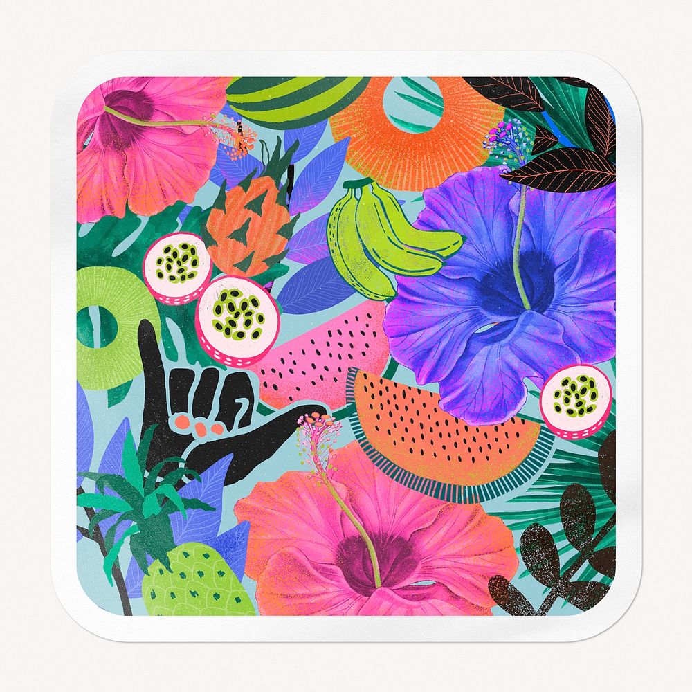 Exotic tropical pattern square badge, fruits and flowers isolated image