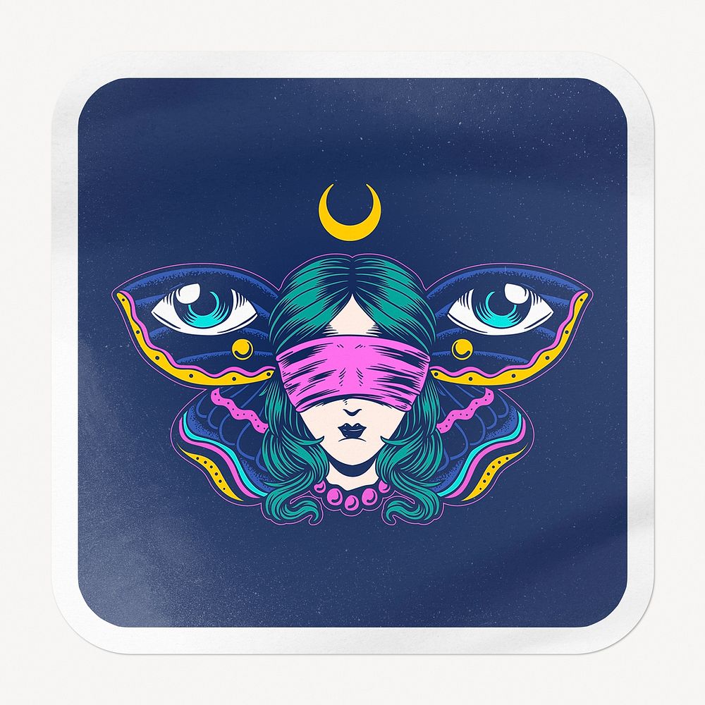 Blindfolded woman square badge, butterfly conceptual illustration