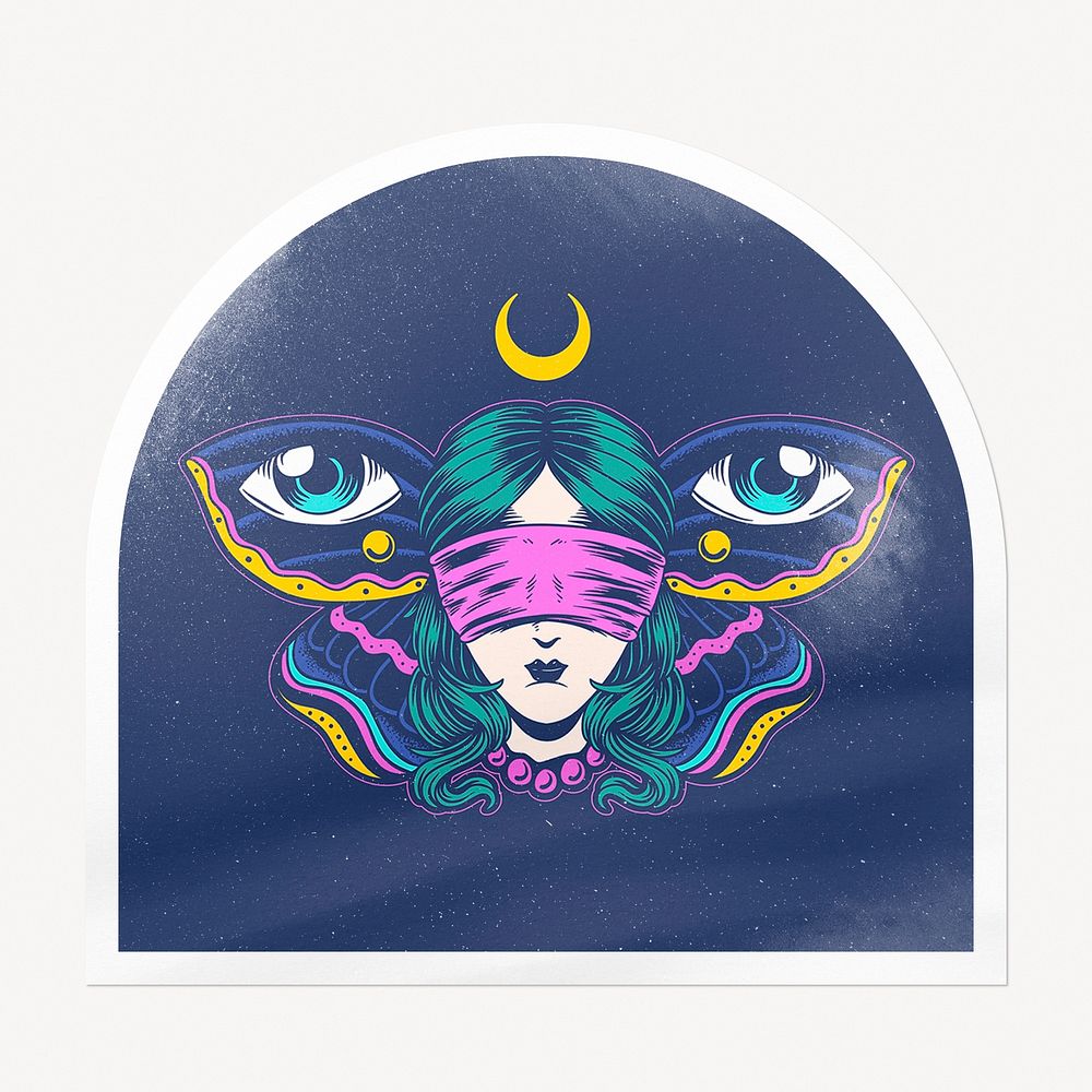 Blindfolded woman arc badge, butterfly conceptual illustration