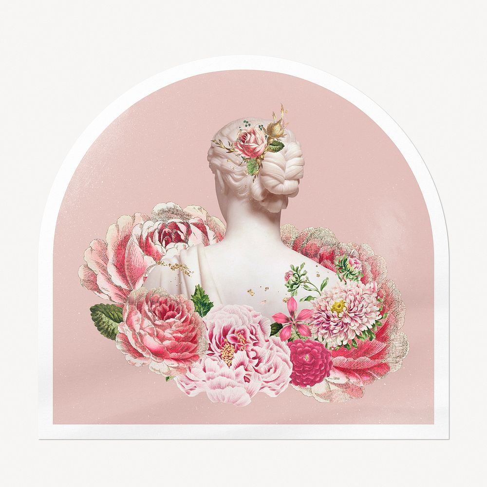 Floral Greek statue arc badge, Spring aesthetic isolated image