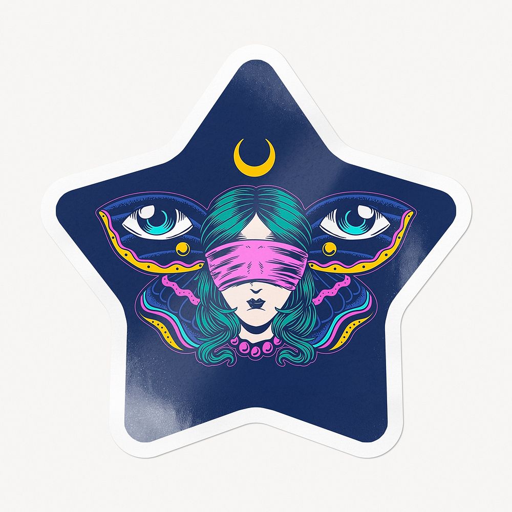 Blindfolded woman star badge, butterfly conceptual illustration