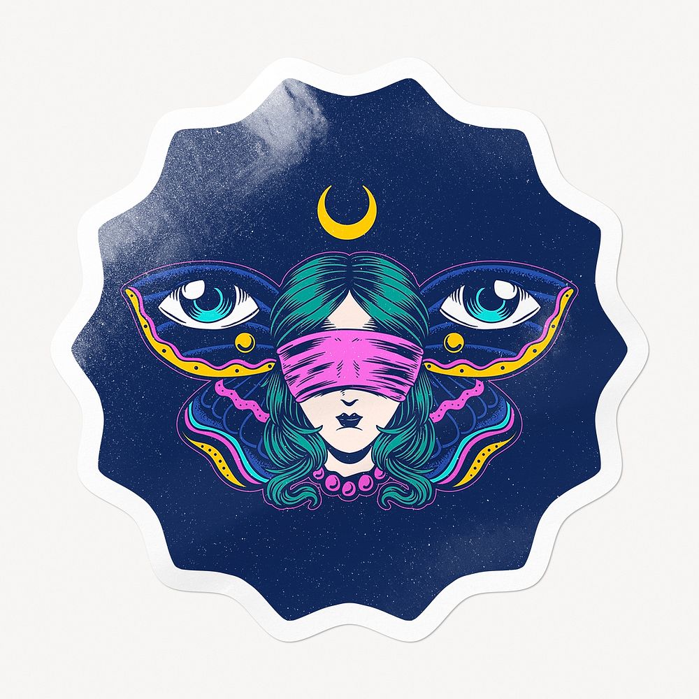 Blindfolded woman starburst badge, butterfly conceptual illustration
