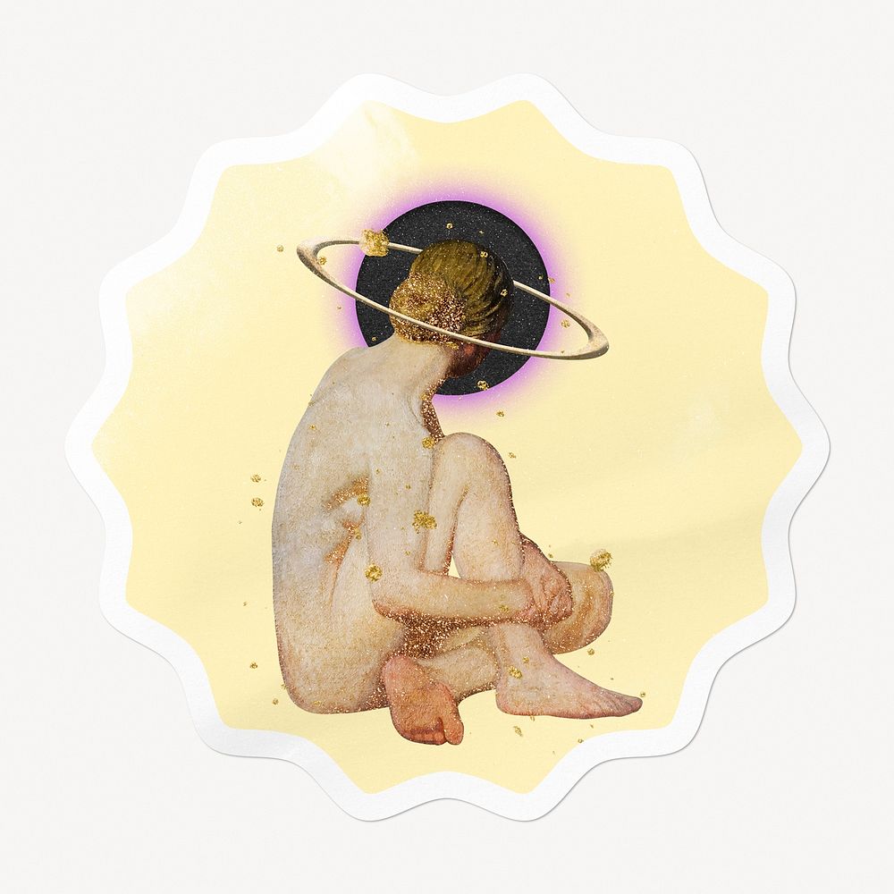 Naked woman with halo starburst badge