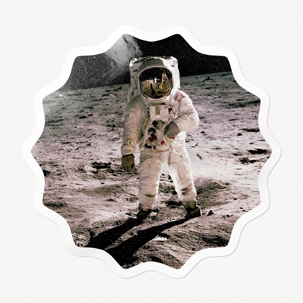 Walking astronaut starburst badge, space isolated image