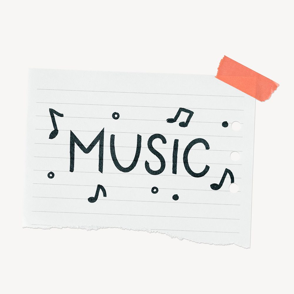 Music word sticker, ripped note paper typography psd