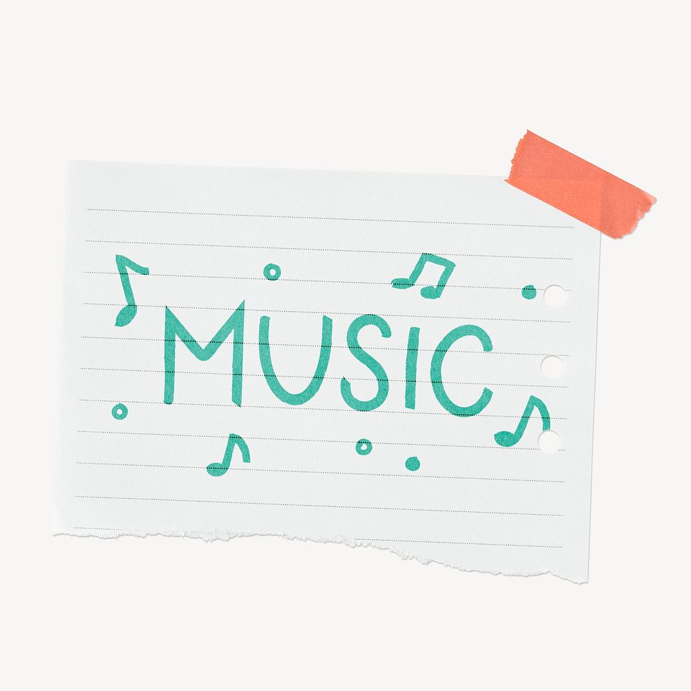 Music word sticker, ripped note paper typography psd