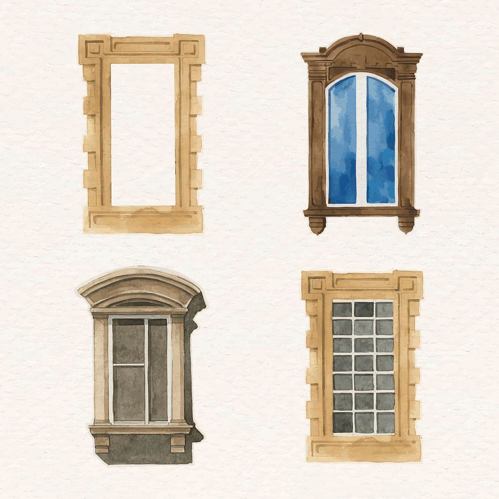 Old window architecture vector set watercolor illustration