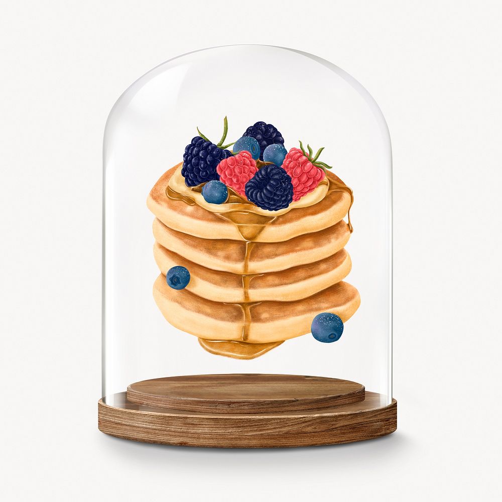 Mixed berry pancakes in glass dome, breakfast food concept art