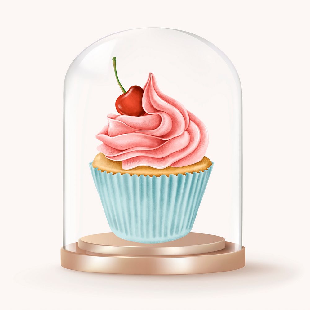 Cherry cupcake in glass dome, dessert concept art