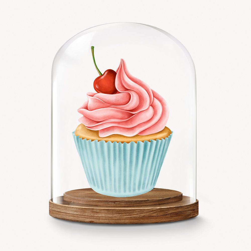 Cherry cupcake in glass dome, dessert concept art