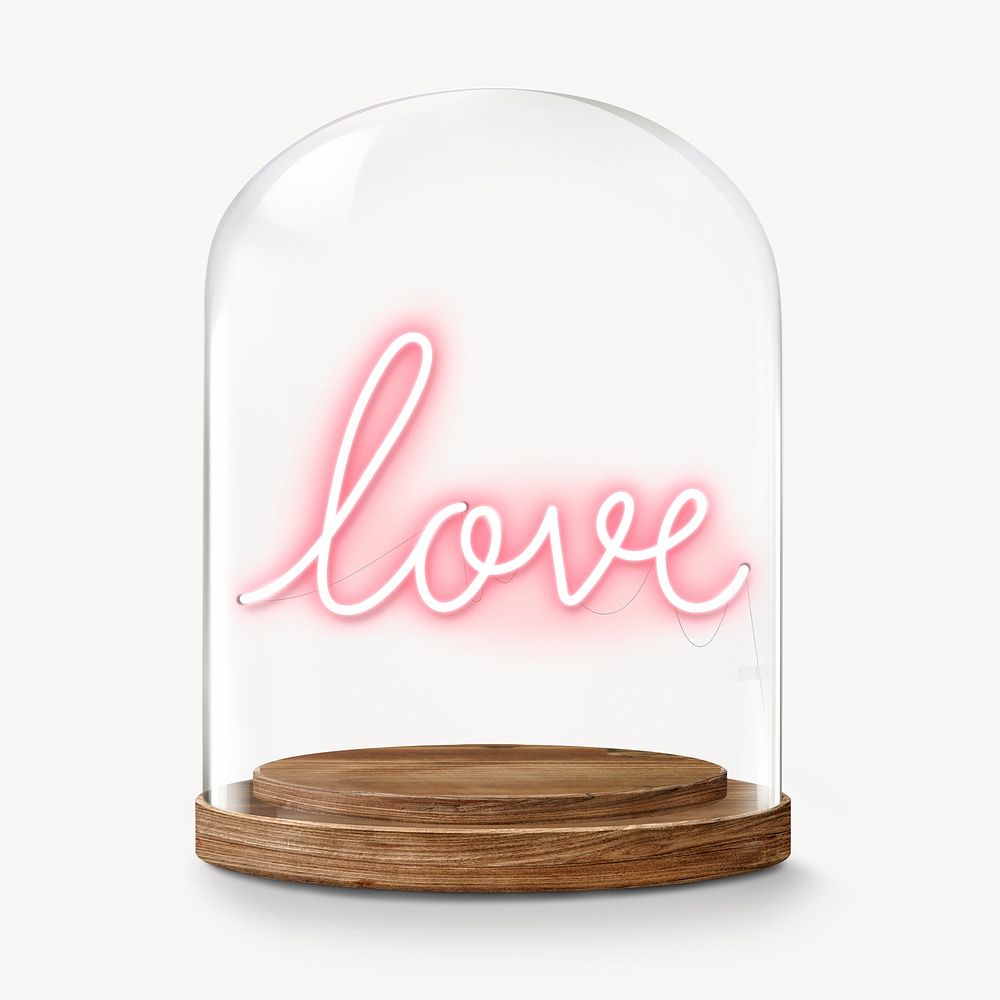 Love in glass dome, neon typography, Valentine's Day concept art