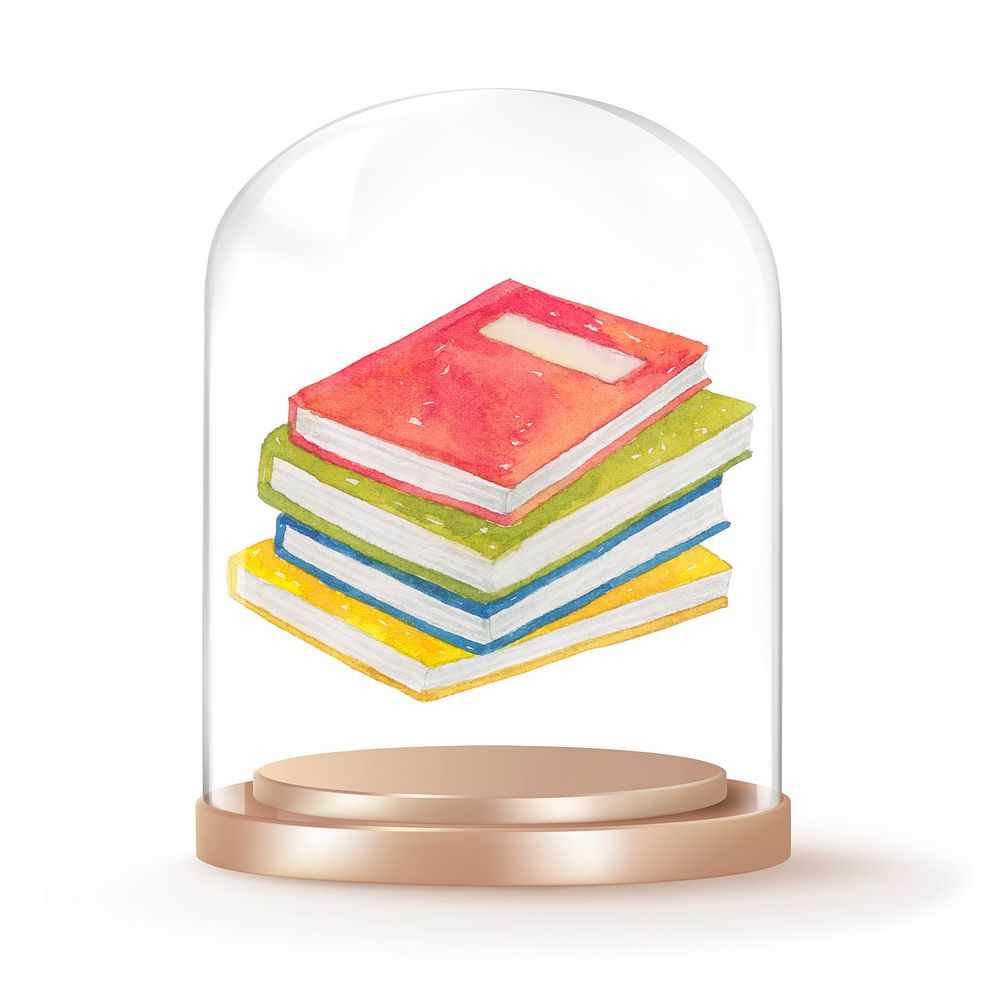 Watercolor books in glass dome, education concept art