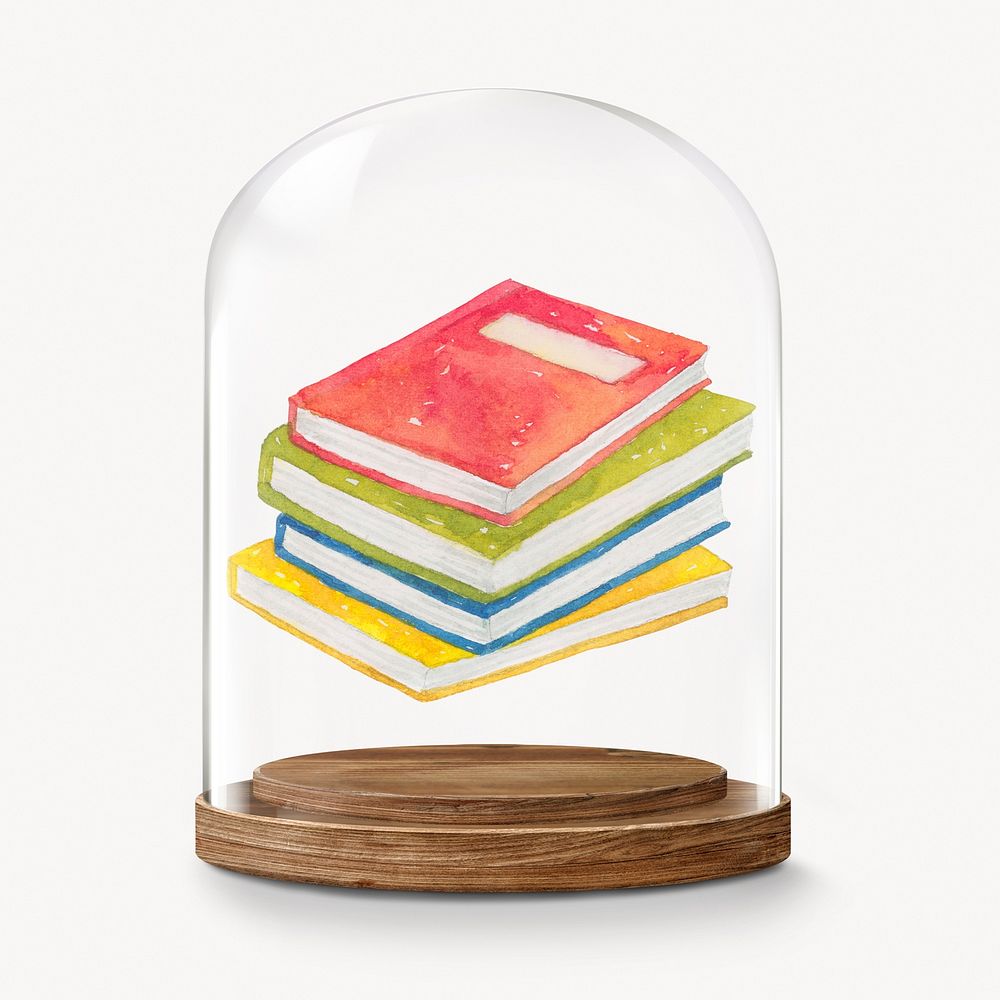 Watercolor books in glass dome, education concept art