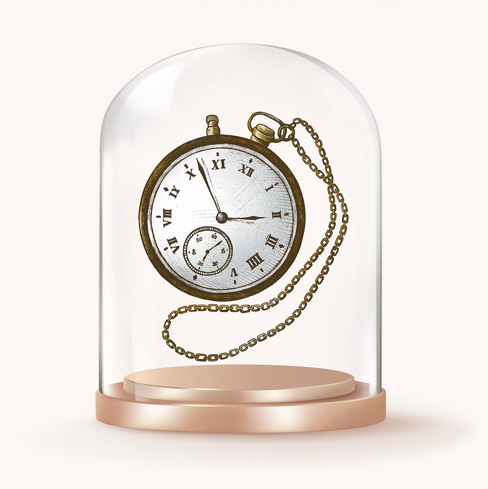 Pocket watch in glass dome, punctuality concept art