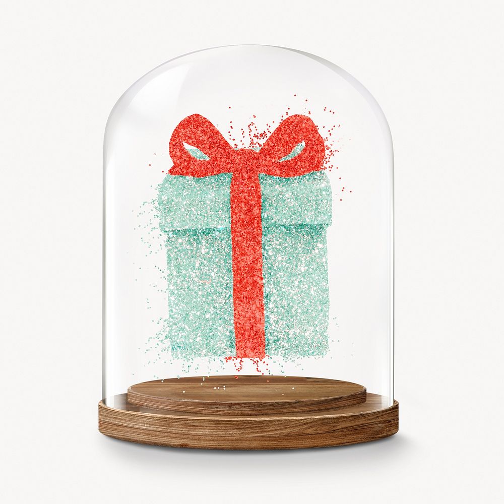 Glittery gift box in glass dome, Christmas concept art