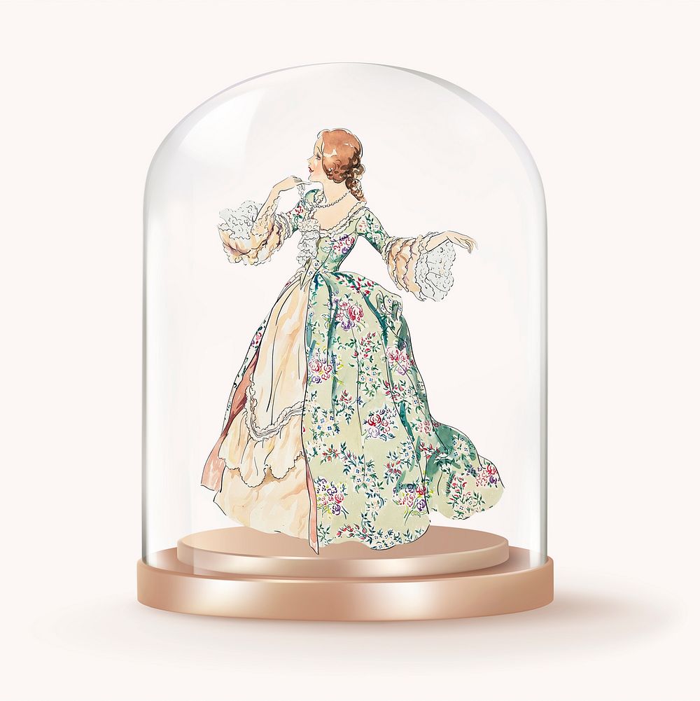 Victorian woman in glass dome, vintage fashion concept art