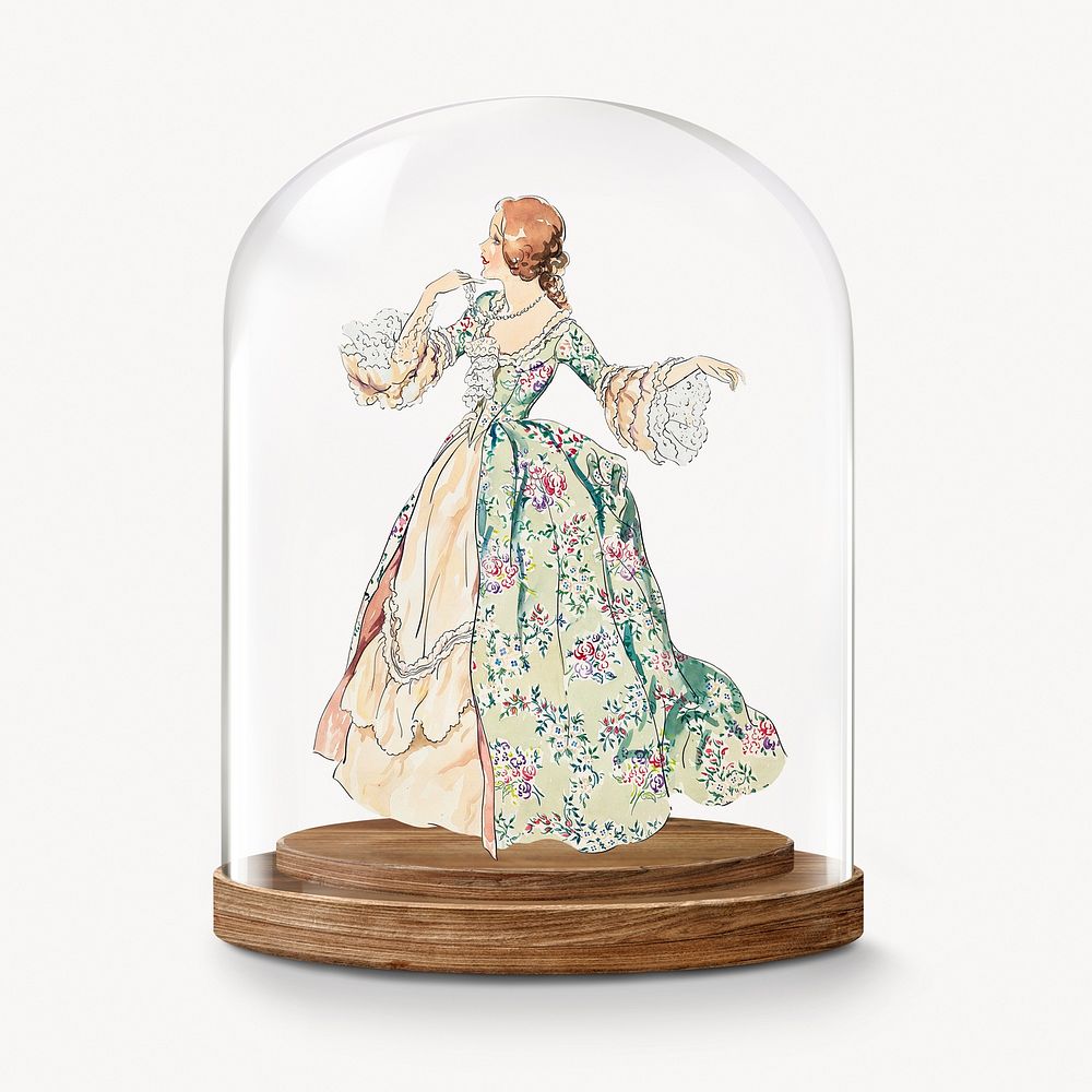Victorian woman in glass dome, vintage fashion concept art