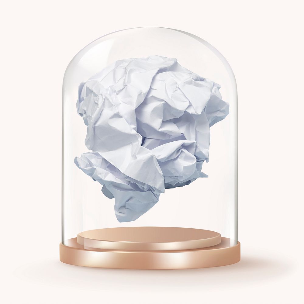 Crumpled paper in glass dome, writer's block concept art