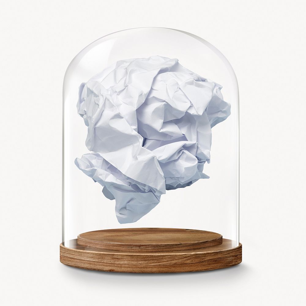 Crumpled paper in glass dome, writer's block concept art
