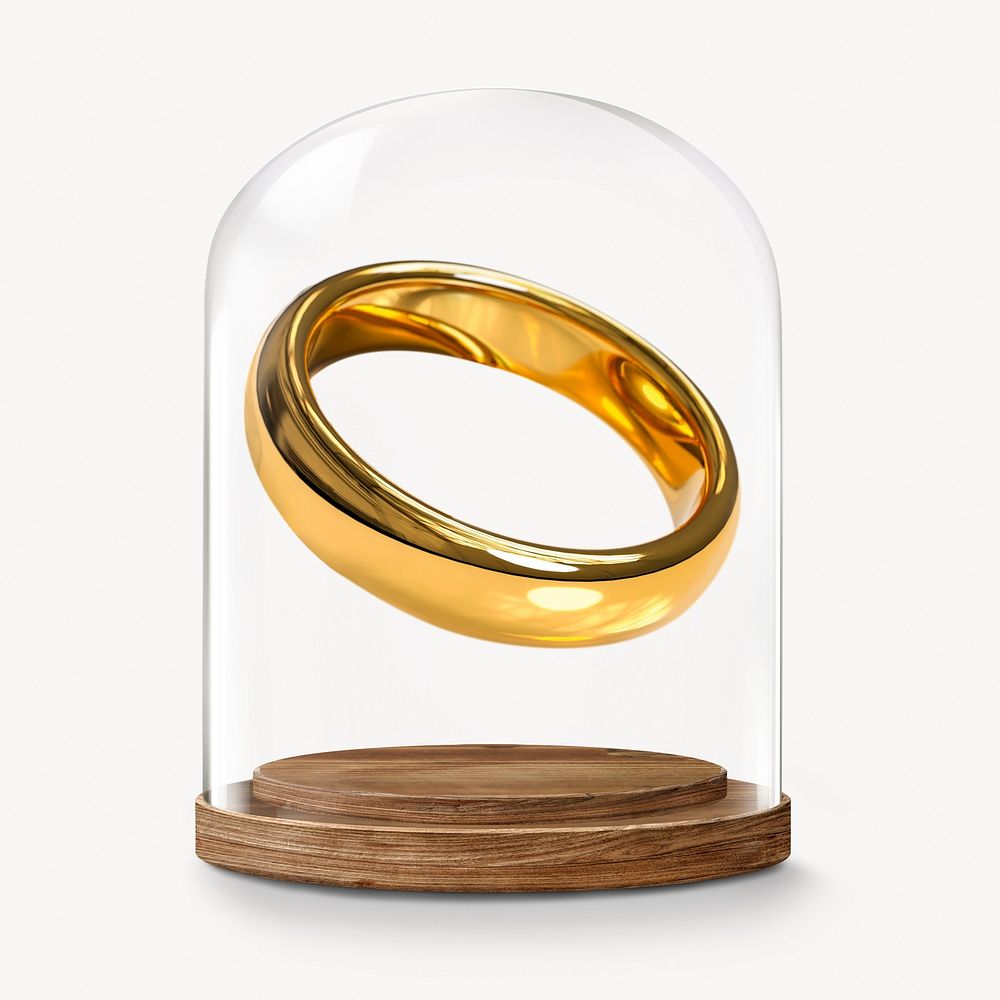 Wedding ring in glass dome, marriage proposal concept art