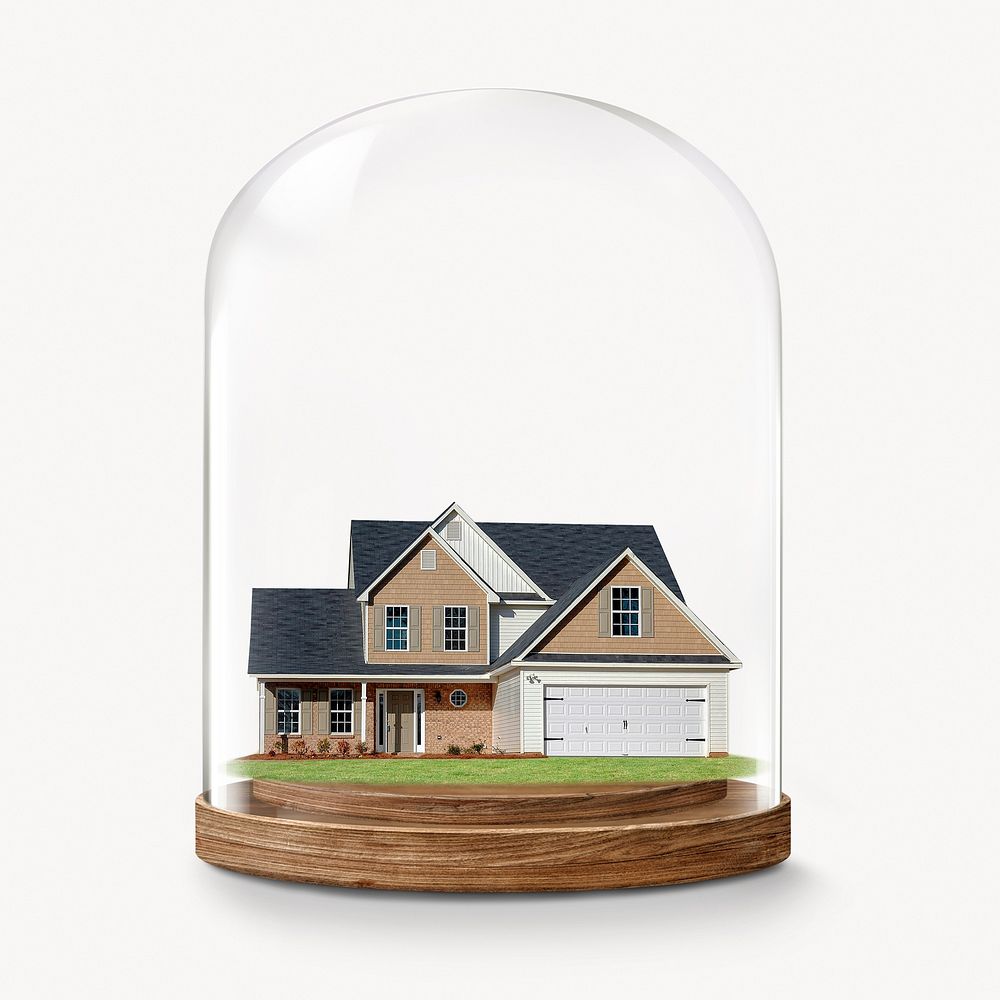 Modern house in glass dome, real estate concept art