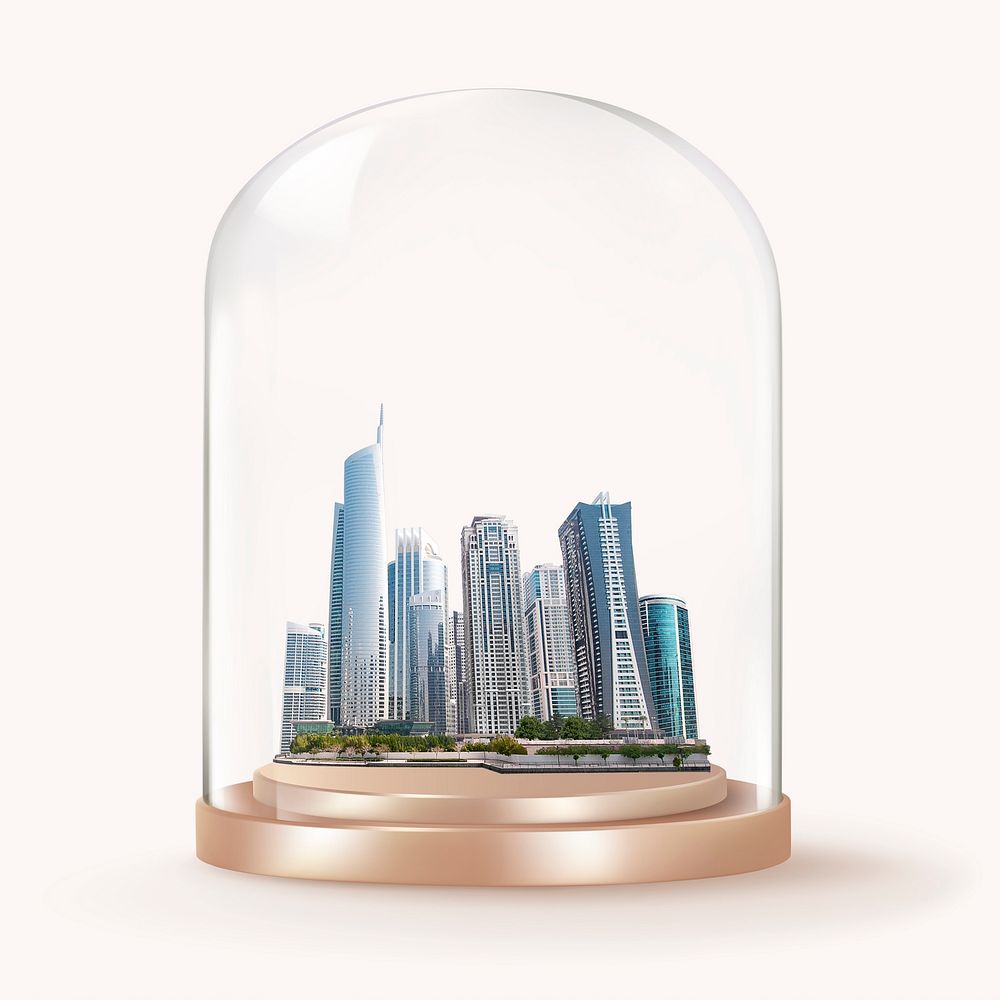Office buildings in glass dome, cityscape concept art