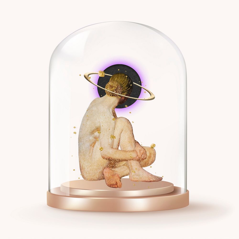 Nude woman with angel halo in glass dome