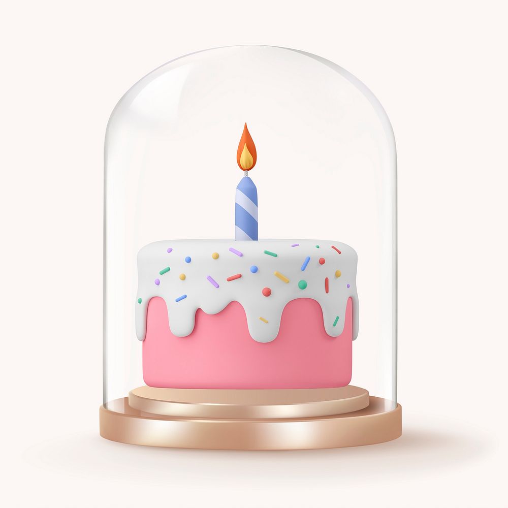 3D birthday cake in glass dome, dessert concept art