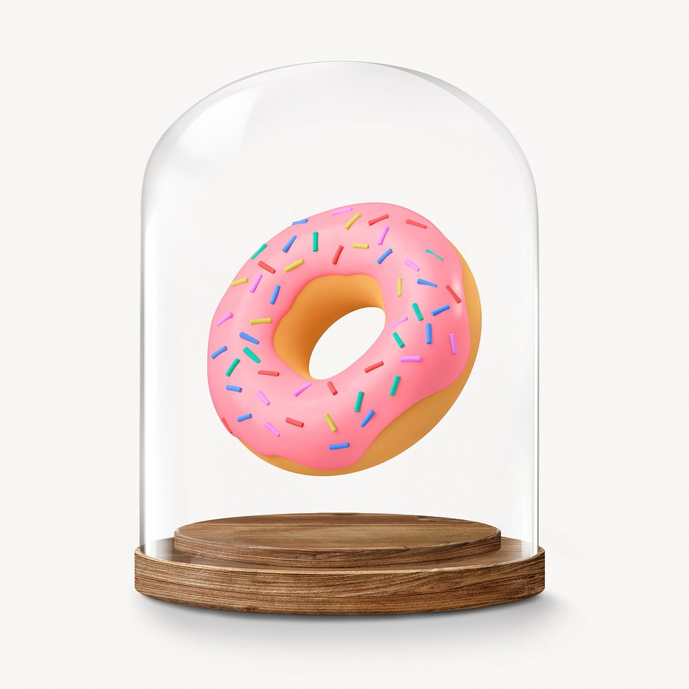 3D donut in glass dome, dessert concept art