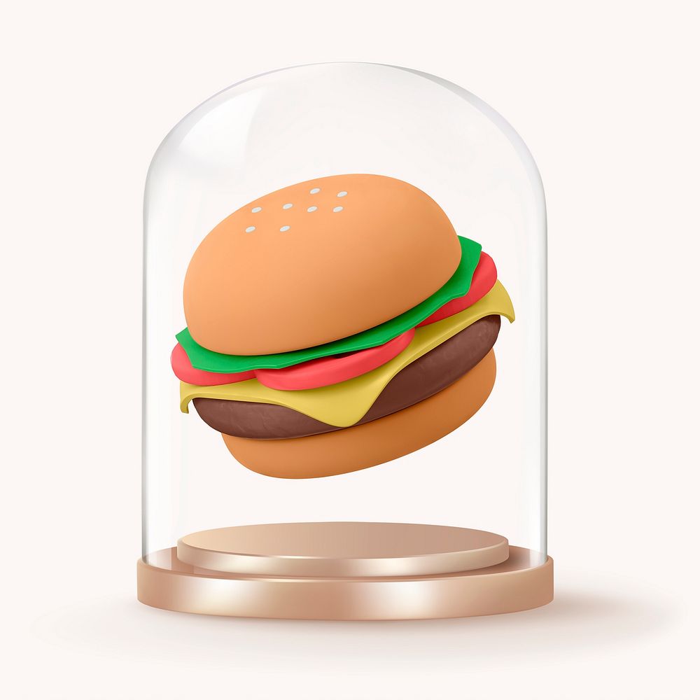 3D cheeseburger in glass dome, food concept art
