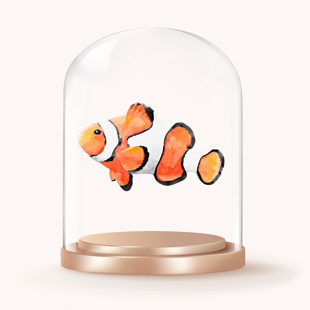 Clownfish in glass dome, sea animal concept art