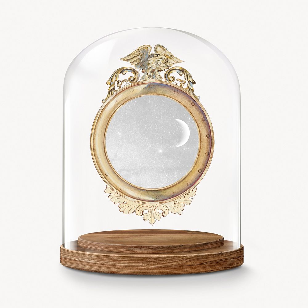 Vintage mirror in glass dome, wall decor concept art