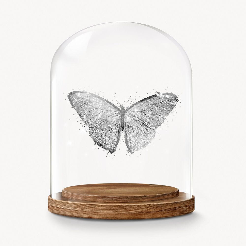 Glittery butterfly in glass dome, insect concept art