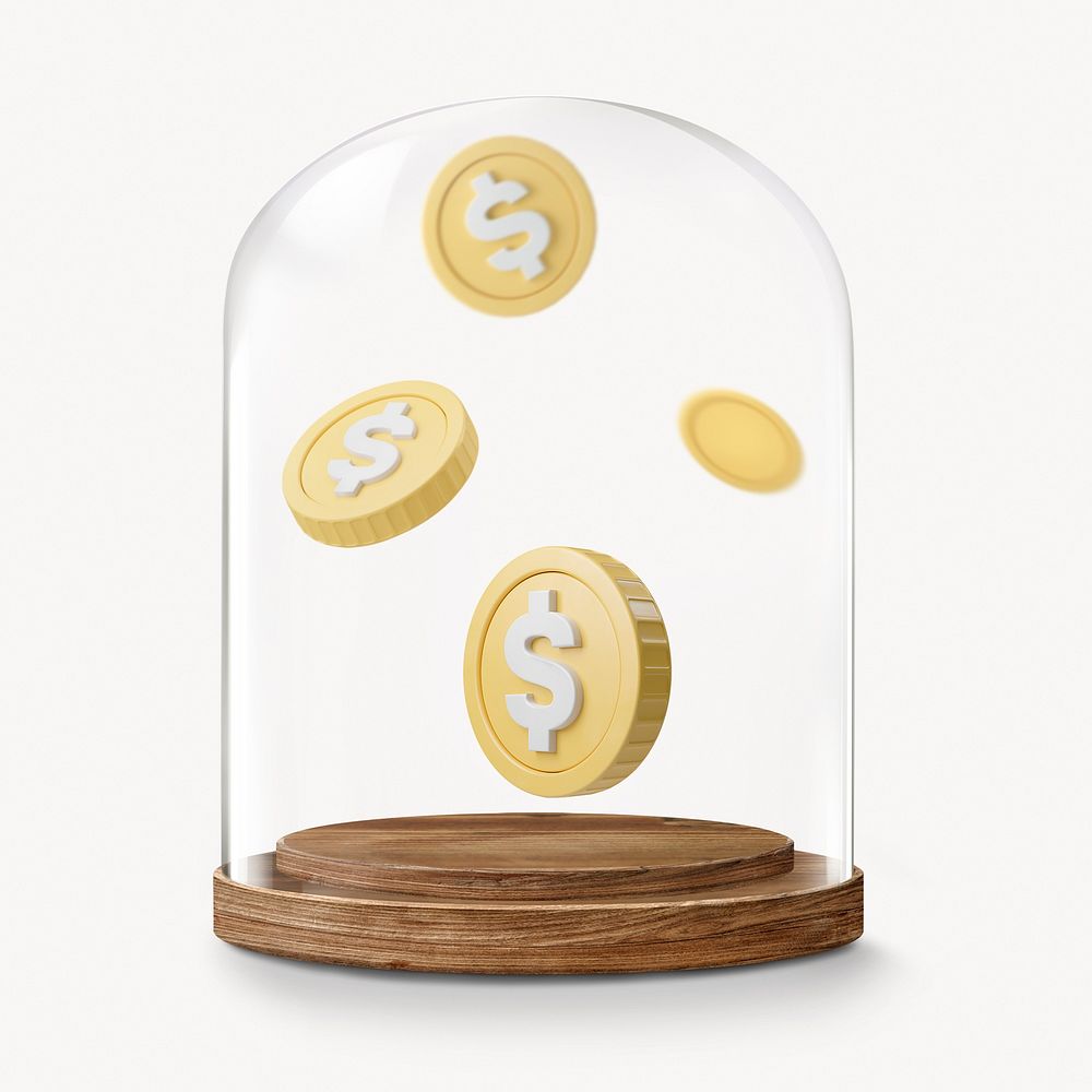 Falling coins in glass dome, finance concept art