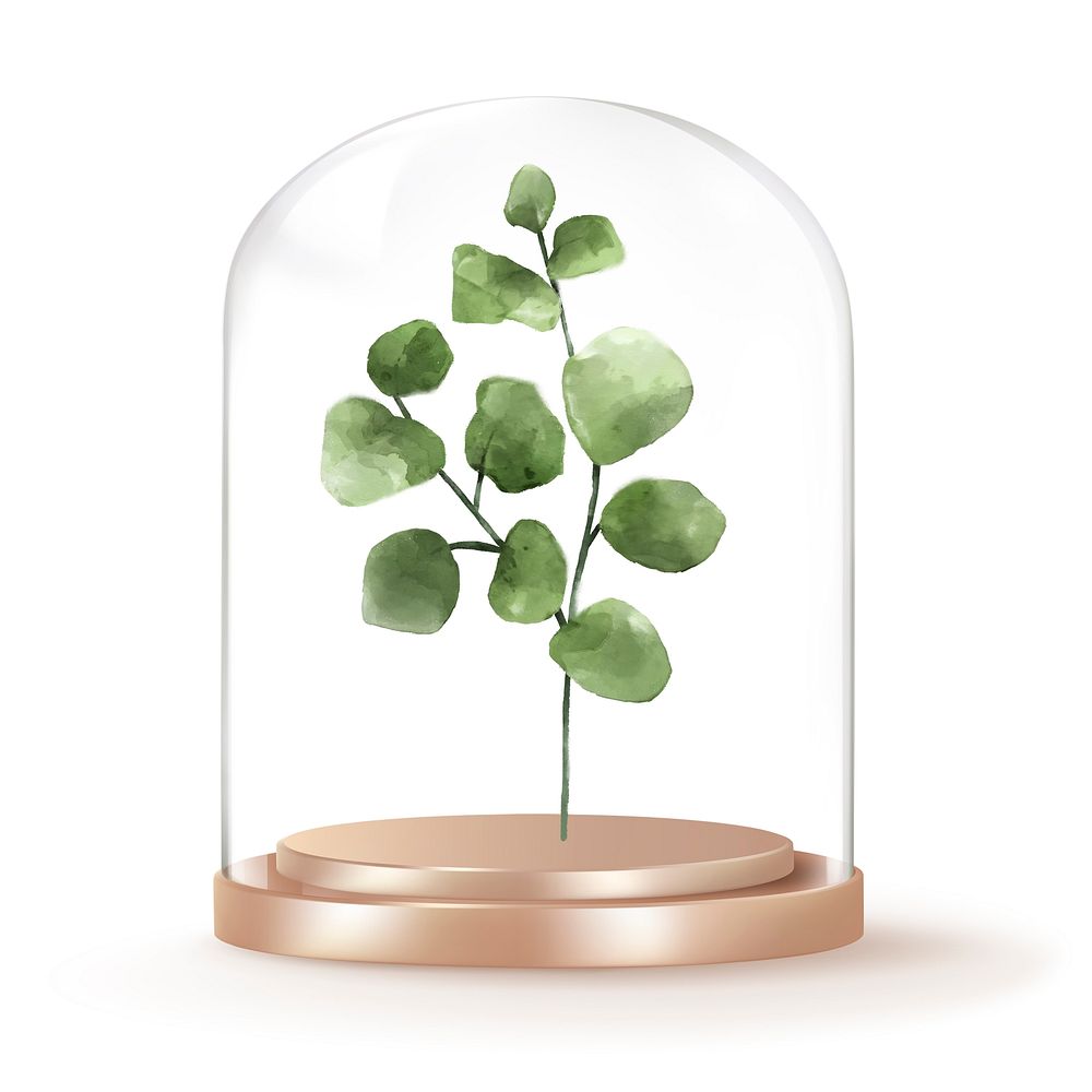 Watercolor leaf branch in glass dome, botanical concept art
